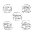 A hand-drawn set of hamburger sketches featuring a sesame seed bun, lettuce, cheese, and a beef patty. The illustration clearly ca Royalty Free Stock Photo